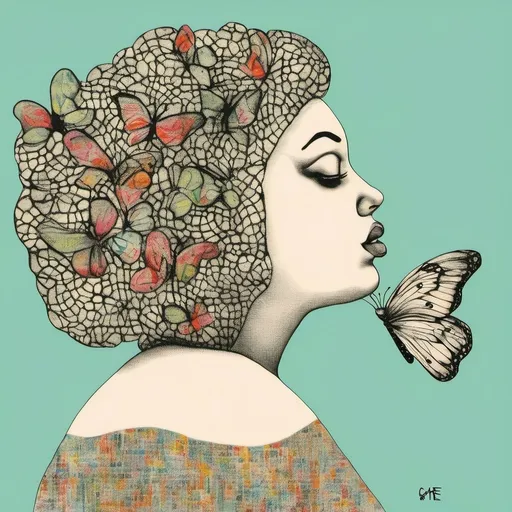 Prompt: Pop art, a curvy women with butterfly head, sage background