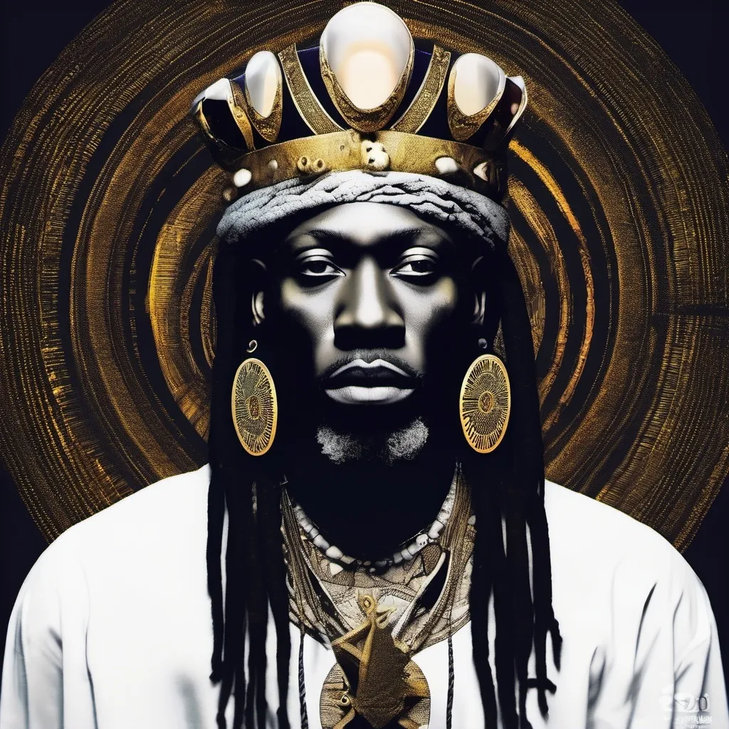 Prompt: African King with white eyes vision, with dreads, surrealist, dreamlike, precise,