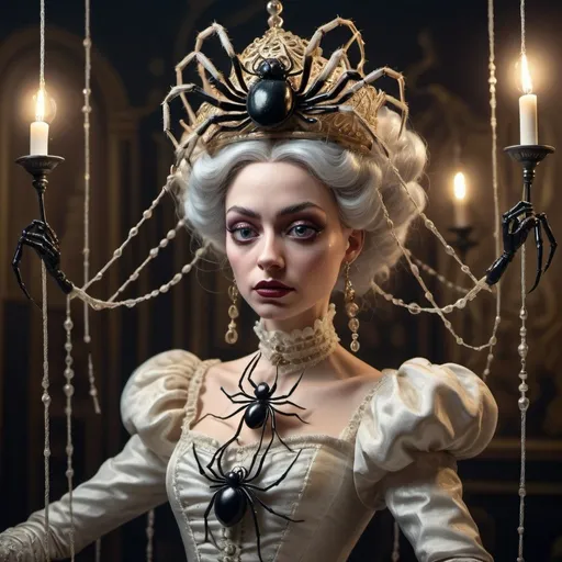 Prompt: Surreal queen with spider puppet strings, baroque style, ornate details, dreamlike atmosphere, high quality, detailed surrealism, spiders crawling, puppet strings, surreal queen, baroque, ornate, dreamlike, surreal, detailed, surrealism, dreamy lighting, intricate details