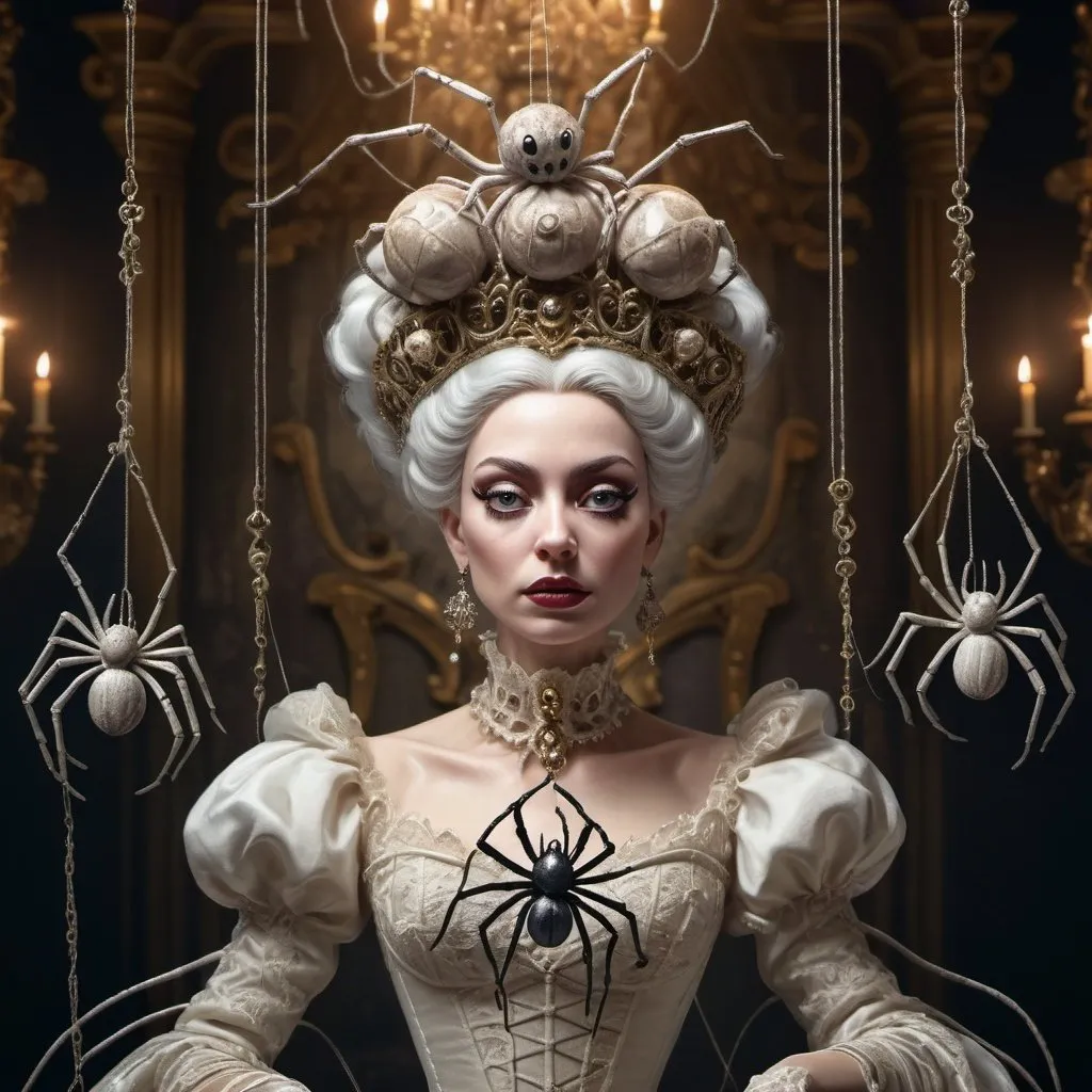 Prompt: Surreal queen with spider puppet strings, baroque style, ornate details, dreamlike atmosphere, high quality, detailed surrealism, spiders crawling, puppet strings, surreal queen, baroque, ornate, dreamlike, surreal, detailed, surrealism, dreamy lighting, intricate details