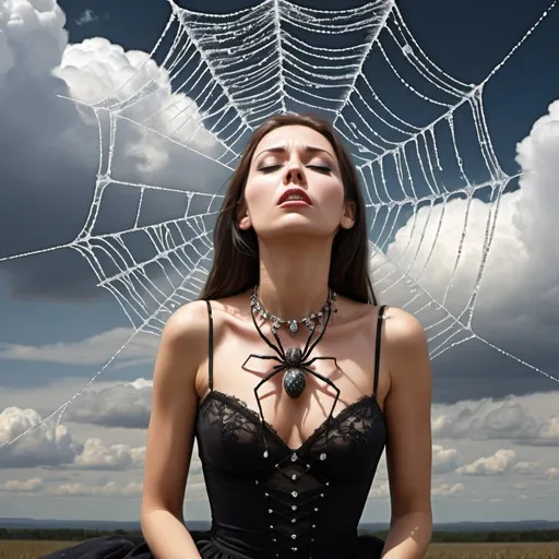 Prompt: Gorgeous woman vomiting diamond spiders surreal clouds spider web 