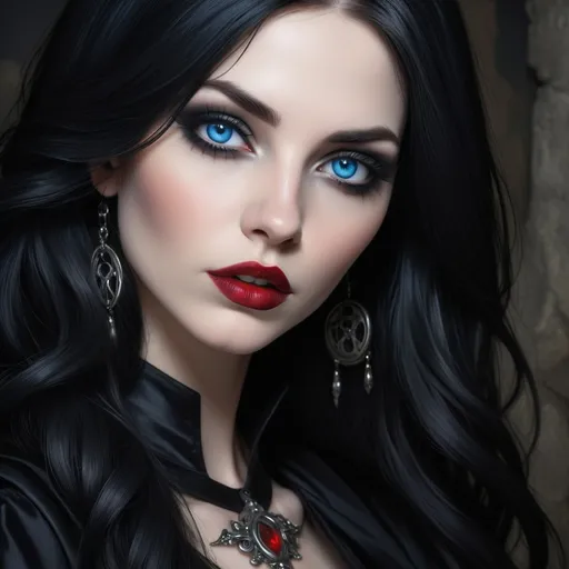 Prompt: a woman with long black hair and blue eyes wearing red lipstick and a black dress with a gothic look, Anne Stokes, gothic art, long black hair, a character portrait