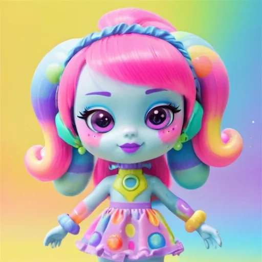 Prompt: Pastel alien doll in Lisa Frank style, vibrant and colorful, soft and cute features, glossy finish, high quality, detailed design, pastel colors, Lisa Frank style, cute and cheerful, glossy, soft features, vibrant colors