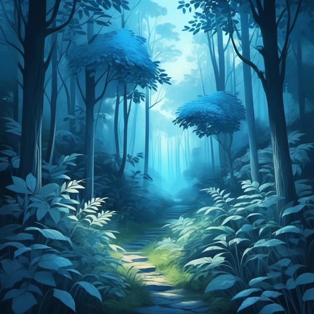 Prompt: Blue-themed digital illustration of a serene forest, lush foliage in varying shades of blue, tranquil atmosphere, high quality, detailed texture, digital painting, serene, peaceful, cool tones, atmospheric lighting