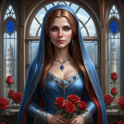 Prompt: a princess in a 12th century dress standing in front of a window with roses around her and a blue shawl, Anne Stokes, fantasy art, highly detailed digital painting, a character portrait