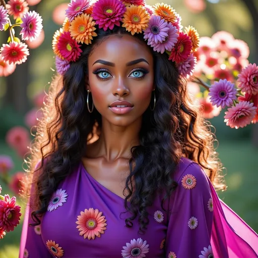 Prompt: In a vibrant floral setting, a young woman exudes beauty and grace, adorned with a crown of colorful blossoms that frames her expressive face. Her long, cascading curls catch the sunlight, enhancing the rich hues of her purple garment, which features delicate floral patterns that echo the abundant blooms surrounding her. The bright, inviting atmosphere is filled with soft, pink and orange flowers that create a dreamy backdrop, bathing the scene in warmth and light. With striking blue eyes and a radiant smile adorned by bold makeup, she conveys a sense of joy and vitality, embodying the essence of a blooming garden. The overall composition captures a harmonious blend of nature and beauty, evoking a feeling of celebration and enchantment.