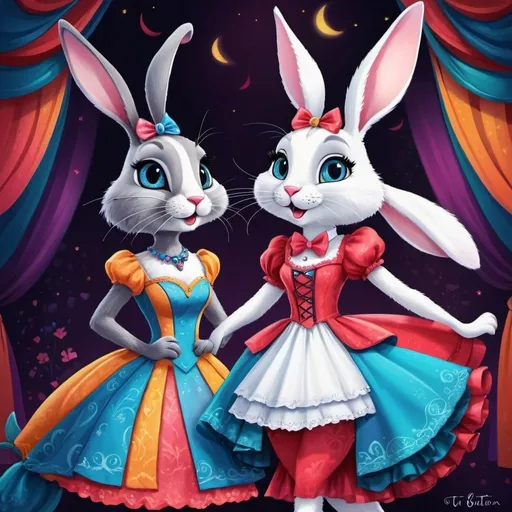 Prompt: <mymodel>Funny illustration of a anthropomorphic rabbit and cat in beautiful dresses , Tim Burton style eyes, bright and colorful, whimsical bright colorful background, comical expressions, high quality, detailed fur, playful, cartoonish, vibrant colors, imaginative lighting