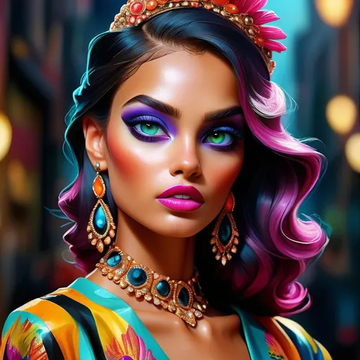 Prompt: digital painting, dramatic colourful makeup, high fashion, intense gaze, realistic portrayal, vibrant colors, detailed features, highres, professional, dramatic, realistic, digital painting, intense gaze, vibrant colors, detailed features, high fashion, glamorous lighting