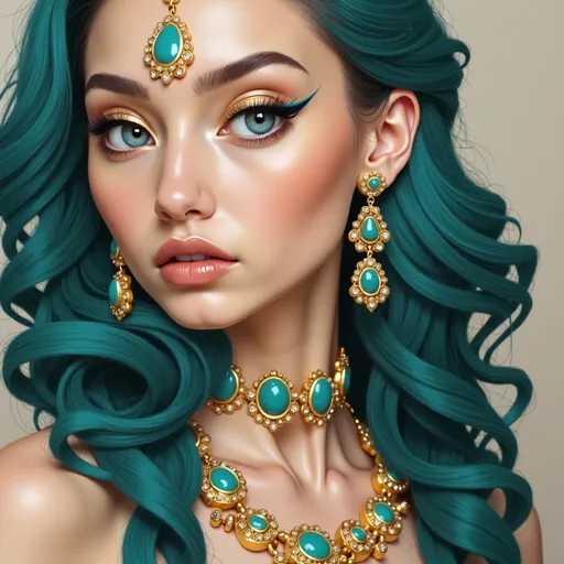 Prompt: a woman with green hair wearing a necklace and earrings with turquoise eyeshadow and gold jewelry set on her face, Artgerm, fantasy art, highly detailed digital painting, a photorealistic painting