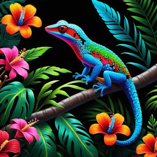 Prompt: Make a neon gecko, colorful forest, neon gecko is bright and glowing, beautiful flowers, hyper realistic, hyper detailed, painting, masterpiece, wallpaper, more flowers, some humming birds, some red parrots, colorful