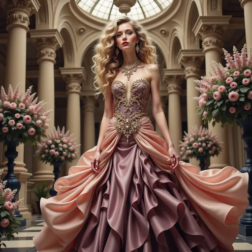 Prompt: Elegantly poised in a grand, opulent setting, a woman draped in a flowing gown combines regal beauty with captivating grace. Her dress, a stunning blend of deep purple and soft pink, features intricate gold detailing that accentuates her figure, while the billowing fabric cascades dramatically around her. Cascading curls frame her face, glistening against the backdrop of towering columns and lush floral arrangements that fill the airy space. Bathed in soft, ethereal light filtering through a glass dome above, the scene emanates a magical ambiance, evoking a sense of timeless fantasy and enchanting allure. Every element—from her sparkling jewelry to the ornate surroundings—whispers of nobility and celebration in this striking moment.