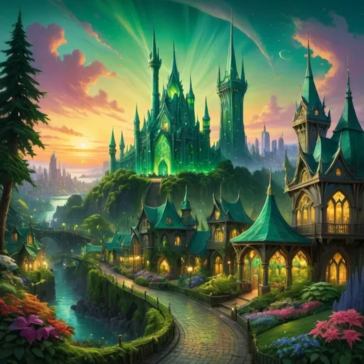 Prompt: A breathtaking view of The Emerald City, bathed in vivid emerald green hues that shimmer under the soft glow of a golden sunset. Towering spires of polished crystal rise against a clear azure sky, reflecting the radiant colors of the surrounding enchanted landscape. Lush, vibrant gardens flourish at the base, with exotic flowers and winding paths leading up to grand, intricately designed gates. Glimmers of light dance off the structures, creating a magical atmosphere. In the foreground, a group of whimsical characters with awe-struck expressions stand in admiration, their colorful attire complementing the vibrant palette. The scene captures a sense of wonder and enchantment, evoking memories of childhood adventures. The overall style is reminiscent of cinematic fantasy art, filled with rich textures and luminous drama.