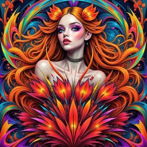 Prompt: Beautiful  hybrid woman with orange flowers sprouting from her, oil painting, detailed fiery eyes, ethereal glow, dark and mysterious, high quality, vibrant colors, surreal, haunting, intricate floral details, intense gaze, mystical atmosphere, oil painting, demon, hybrid, fiery eyes, ethereal, vibrant colors, surreal, haunting, floral details, intense gaze, mystical atmosphere