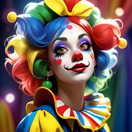 Prompt: Fantasy illustration of a woman clown, primary colors, cute makeup, high quality, fantasy, vibrant, whimsical, primary colors, cute makeup, detailed costume, fantasy, magical lighting