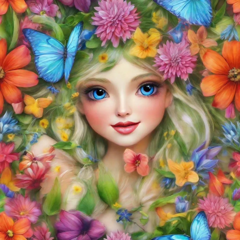 Prompt: a fairy of spring, ,wildflowers, vivid colors,  facial closeup