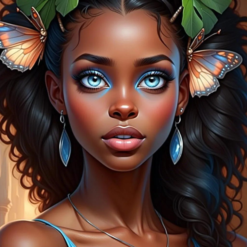 Prompt: <mymodel> a beautiful fairy with blue eyes and a tiara on her head and wings, holding her hand on her shoulder, Anne Stokes, fantasy art, fantasy artwork,