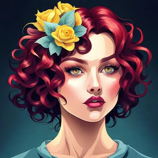 Prompt: woman with curly hair styled hair, large lips, facial closeup, vibrant colors, small yellow rose in her hair
