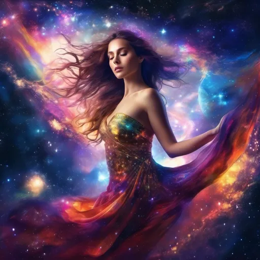 Prompt: colorful, sparkly, exquisite, glowing Goddess in a flowing, filmy dress, incredible all body form of a incredible bodied, incredibly beautiful faced woman with a buxom perfect body falling backwards through space, nebulas, stars, planets, the milky way and galaxies