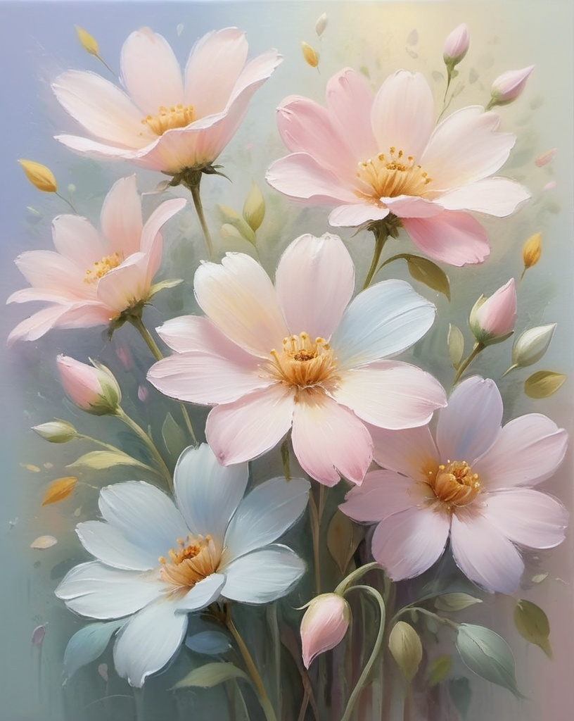 Prompt: Pastel-themed painting of flowers, oil on canvas, soft and delicate petals, high quality, detailed strokes, pastel colors, soft lighting, impressionist style, serene and tranquil, professional, 4k, ultra-detailed, oil painting, pastel colors, delicate petals, soft lighting, impressionist style, serene atmosphere