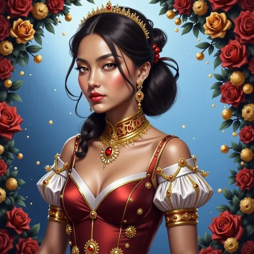 Prompt: <mymodel> a woman in a red dress with gold trimmings and a tiara on her head and shoulders, Chen Hong, fantasy art, highly detailed digital painting, a detailed painting