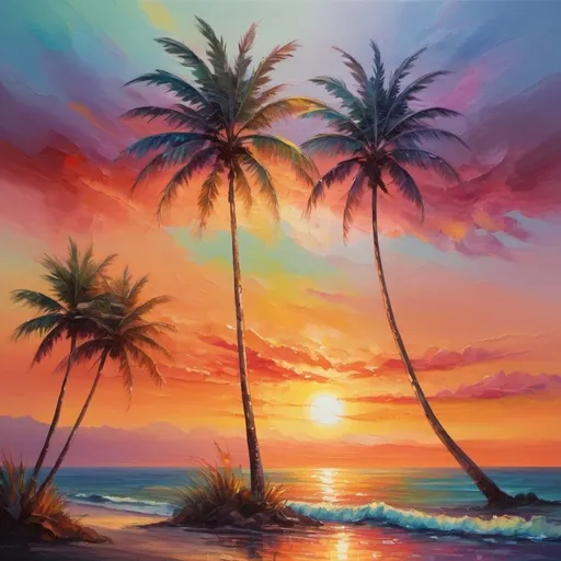 Prompt: Vibrant sunset in rainbow colors, oil painting, calm ocean waves, palm trees silhouetted against the horizon, high quality, impressionism, warm tones, soft and dreamy lighting