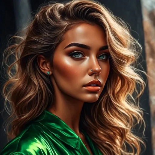 Prompt: <mymodel>Detailed illustration of a woman in vibrant green attire, large vivid green eyes, elegant makeup, digital painting, high resolution, realistic style, vibrant green, professional lighting