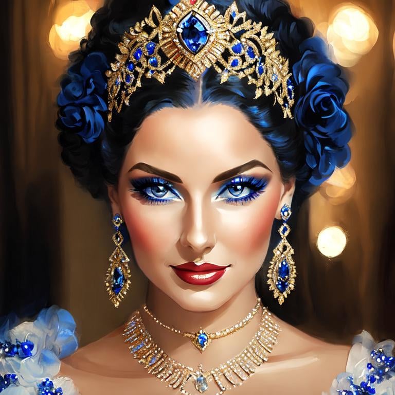 Prompt: Glamorously dressed lady of rhe 1930's wearing sapphire jewelry,blue eyes