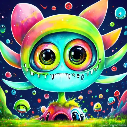 Prompt: Whimsical, cute alien, cartoon style, vibrant colors, large expressive eyes, playful demeanor, alien landscape, otherworldly plants, best quality, high resolution, vibrant, cartoon, cute, whimsical, otherworldly, playful, expressive eyes, alien landscape, vibrant colors, professional