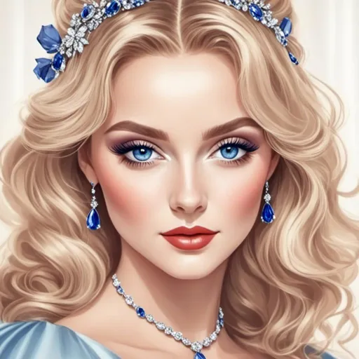 Prompt: <mymodel>Glamorously dressed 1930's lady, sapphire jewelry, blue eyes, vintage glam, luxurious satin gown, elegant updo hairstyle, detailed facial features, high-quality, vintage, glamorous, detailed sapphire jewelry, sophisticated makeup, atmospheric lighting, deep blue color tones, classic Hollywood style