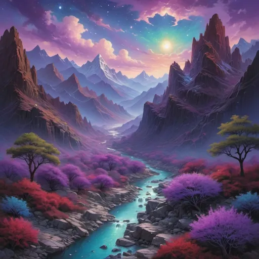 Prompt: Envision a breathtaking jewel-toned landscape at twilight, where the sky is a canvas of deep sapphire and emerald hues, fading into rich amethyst at the horizon. Towering mountains glisten with iridescent shades of ruby and turquoise, each peak crowned with shimmering snow reflecting the last remnants of sunlight. A tranquil river snakes through the valley, its waters sparkling like precious gems under a silvery moon, creating a radiant path through the lush greenery. Along the banks, vibrant flora in myriad jewel tones—garnet reds, citrine yellows, and topaz greens—dance gently in the evening breeze. Wisps of clouds, tinted with gold, hang delicately in the sky, adding a dreamlike quality to this enchanted scene. Artistic style: vibrant digital painting with a focus on color saturation and luminosity.