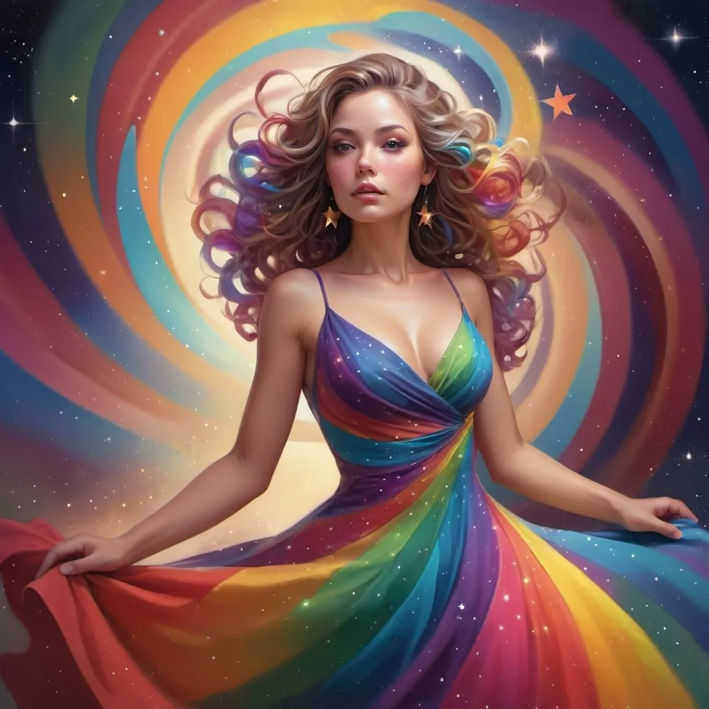 Prompt: a woman in a dress with a colorful swirl around her body and a star filled sky behind her, with a colorful swirl in the background, Artgerm, fantasy art, highly detailed digital painting, an airbrush painting