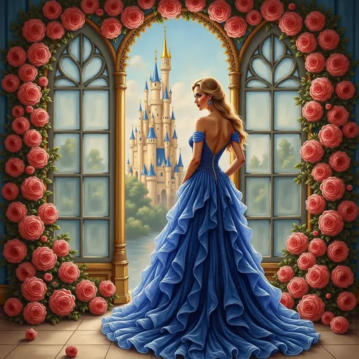 Prompt: a painting of a woman in a blue dress standing in front of a window with roses in it and a castle in the background, Anne Stokes, fantasy art, detailed painting, a detailed painting