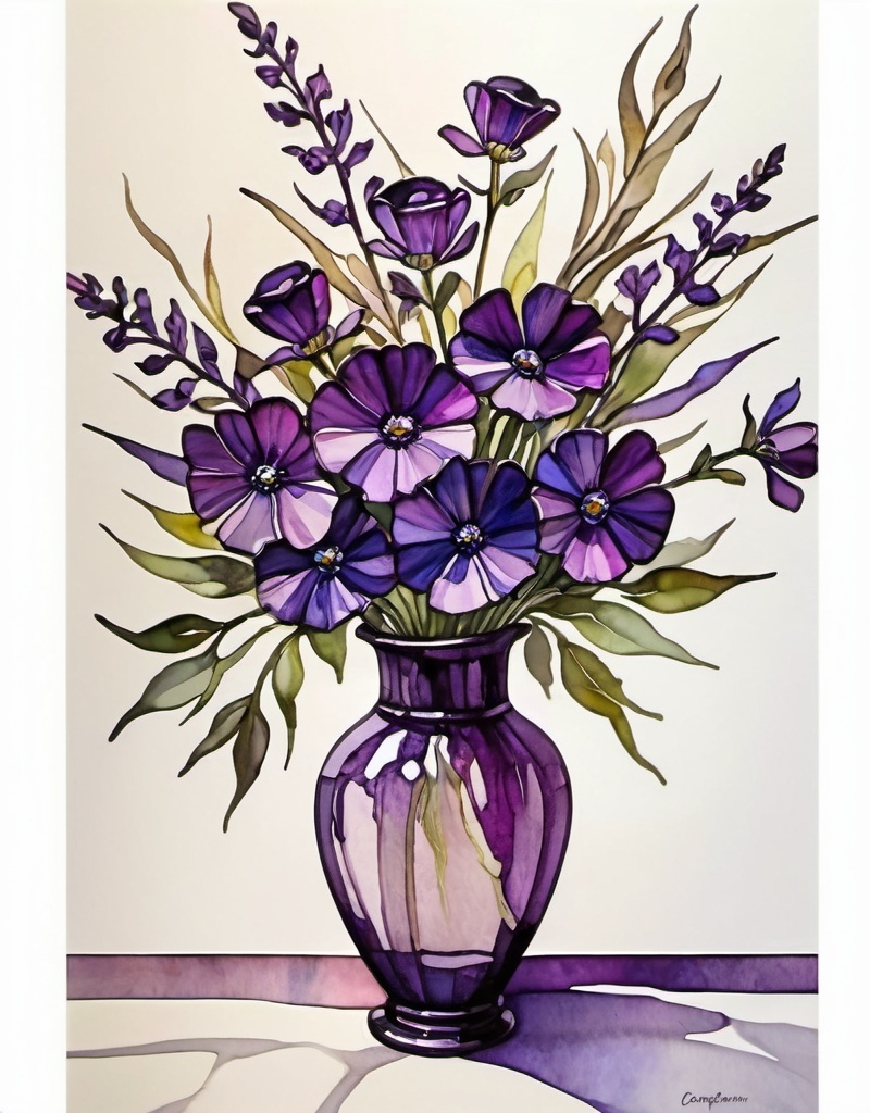 Prompt: a painting of a vase with purple flowers in it and watercolor paint on paper behind it, on a white background, Constance Copeman, modern european ink painting, watercolor, a watercolor painting