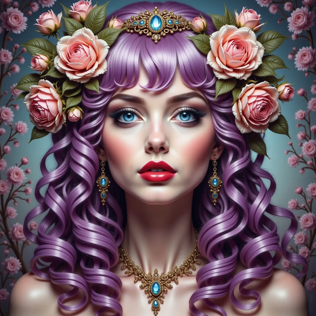 Prompt: a woman with long  purple hair and flowers on her head is wearing a necklace and a flower crown with roses, Anne Stokes, fantasy art, highly detailed digital painting, computer graphics