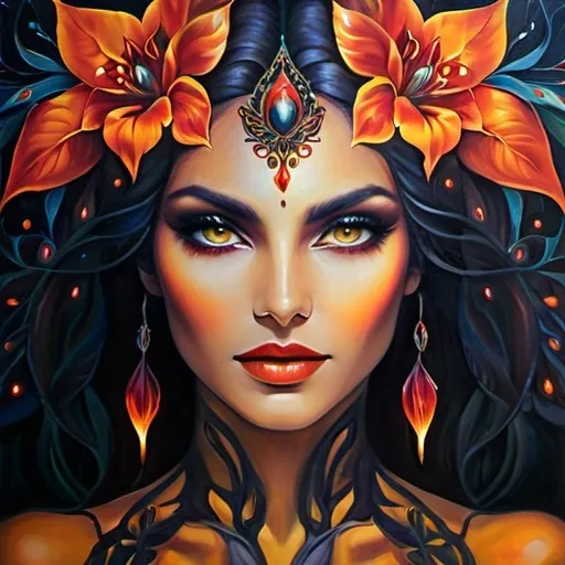 Prompt: Beautiful  hybrid woman with flowers sprouting from her, oil painting, detailed fiery eyes, ethereal glow, dark and mysterious, high quality, vibrant colors, surreal, haunting, intricate floral details, intense gaze, mystical atmosphere, oil painting, demon, hybrid, fiery eyes, ethereal, vibrant colors, surreal, haunting, floral details, intense gaze, mystical atmosphere