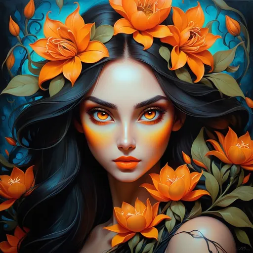 Prompt: Beautiful  hybrid woman with orange flowers, oil painting, detailed fiery eyes, ethereal glow, dark and mysterious, high quality, vibrant colors, surreal, haunting, intricate floral details, intense gaze, mystical atmosphere, oil painting, demon, hybrid, fiery eyes, ethereal, vibrant colors, surreal, haunting, floral details, intense gaze, mystical atmosphere