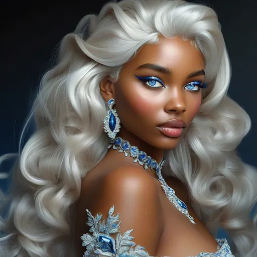 Prompt: This is a highly detailed, digital CGI portrait of a strikingly beautiful woman with a dark brown skin tone and striking blue eyes. She has long, voluminous, wavy platinum blonde hair that cascades down her back and shoulders. Her makeup is impeccable, with bold eyeliner and eyeshadow that accentuate her bright blue eyes, and her lips are full and glossed in a soft pink shade.

She is adorned in an elaborate, blue and white jewelry set, featuring large, teardrop-shaped blue gemstones surrounded by intricate white diamonds. Her necklace is a choker-style piece that rests just above her collarbone, while matching earrings dangle from her ears. A similar blue and white brooch is pinned to her left shoulder, adding to the opulent look.

The background is a gradient of dark to light blue, which contrasts with her skin and hair, making her stand out. The lighting highlights the smooth texture of her skin and the luster of her jewelry. Her expression is calm and slightly alluring, with a direct gaze at the viewer. The overall style of the portrait is hyper-realistic with a slightly fantastical, almost ethereal quality, emphasizing her beauty and the luxurious details of her attire.