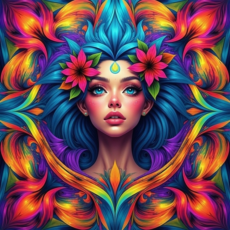 Prompt: a woman with blue hair and flowers on her head, surrounded by bright colors and flowers, is shown in the center of the image, Android Jones, psychedelic art, highly detailed digital painting, a detailed painting