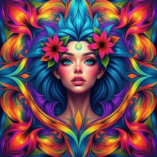 Prompt: a woman with blue hair and flowers on her head, surrounded by bright colors and flowers, is shown in the center of the image, Android Jones, psychedelic art, highly detailed digital painting, a detailed painting