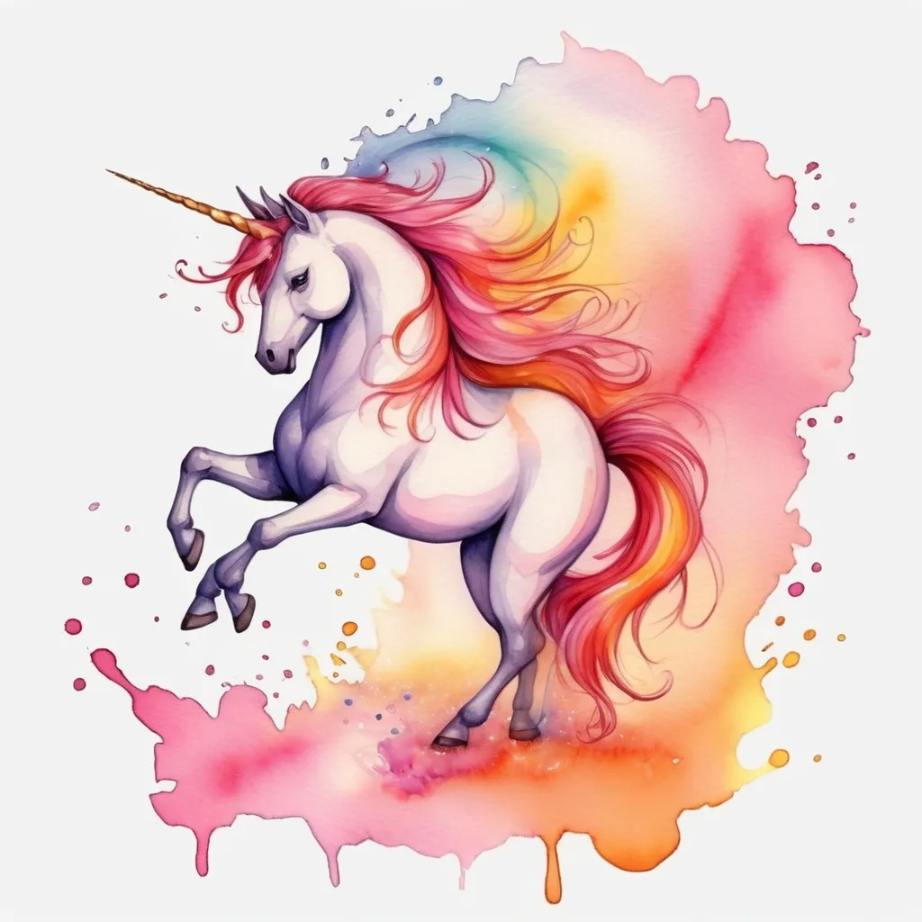 Prompt:  fantasy unicorn in watercolor based off the image attached. Use colors red, pink, yellow, orange 

