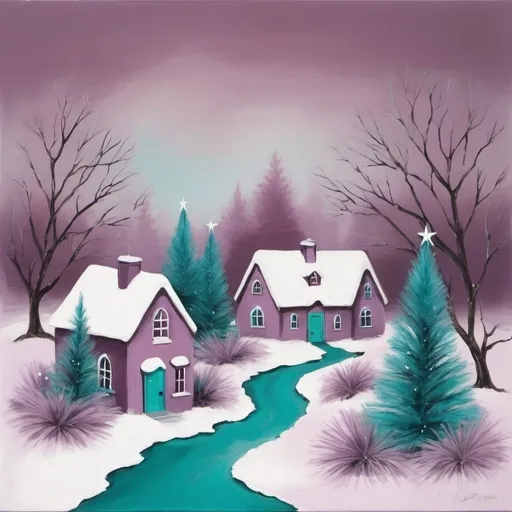 Prompt: Christmas scape in mauve and turquoise