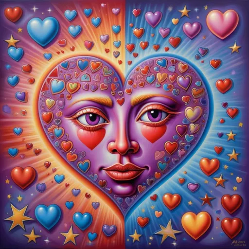 Prompt: a heart with a face and many hearts around it, with stars and hearts around it, and a purple background, Alex Grey, pop surrealism, cheerful, a pop art painting