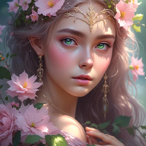 Prompt: <mymodel>Girl, elf, fairy, fantasy, flowers, dreaming, sunny day, pink, green, yellow, natural, she is Queen, grandiose fairy flower dress, grandiose fairy crown, hight quality, grandiose fairy flower wings, in hand she has grandiose fairy flower sceptre