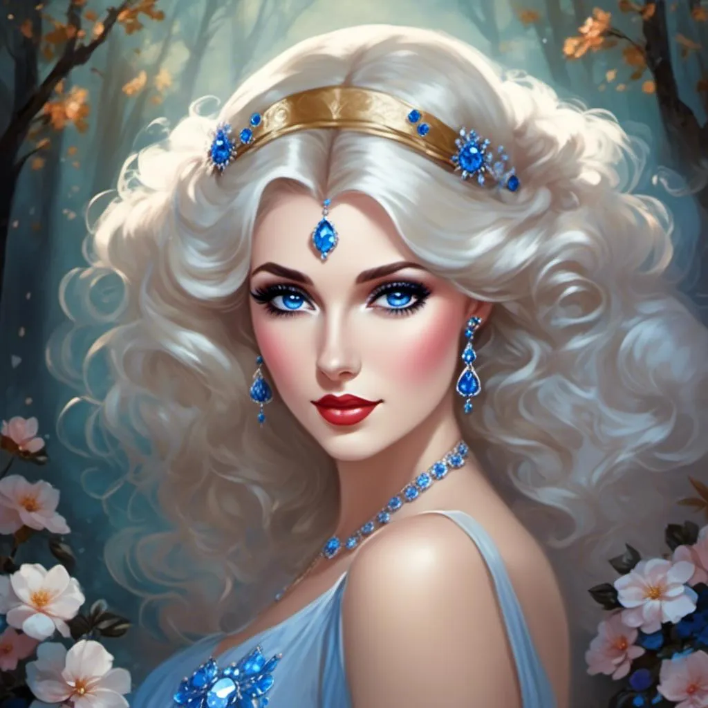 Prompt: <mymodel>A beautiful woman, snow white hair with pastel highlights, frosty blue eyes, blue eyeshadow, blue jewels on forehead