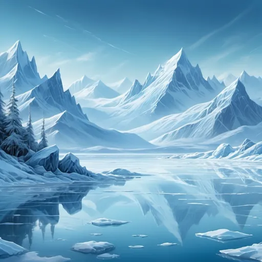 Prompt: Icy blue landscape with snow-capped mountains, frozen lake, serene atmosphere, high quality, digital painting, cool tones, detailed ice formations, soft and diffuse lighting, arctic wilderness, peaceful solitude