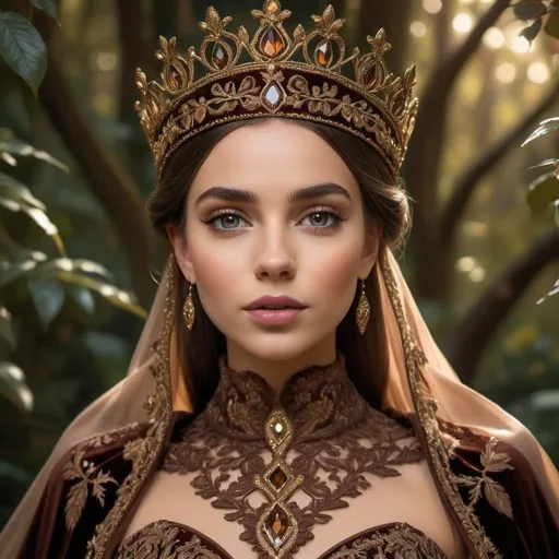 Prompt: Cocoa princess, rich chocolate tones, elegant gown with intricate details, regal crown adorned with gems, luxurious velvet cape, enchanting forest setting, warm and soft lighting, high quality, royal fantasy, detailed embroidery, majestic, opulent, graceful, royal, warm lighting