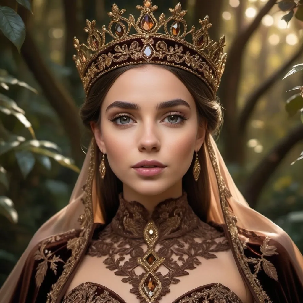 Prompt: Cocoa princess, rich chocolate tones, elegant gown with intricate details, regal crown adorned with gems, luxurious velvet cape, enchanting forest setting, warm and soft lighting, high quality, royal fantasy, detailed embroidery, majestic, opulent, graceful, royal, warm lighting