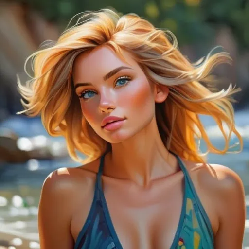 Prompt: Highlighted-haired woman, realistic oil painting, vibrant and modern, detailed facial features, sun-kissed highlights, expressive eyes, flowing hair, high quality, vibrant colors, realistic style, warm tones, natural lighting