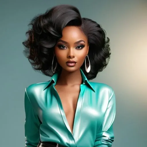 Prompt: <mymodel>beautiful makeup and hair on a gorgeous black woman, very slender, wearing a leather pants and a turquoise blouse