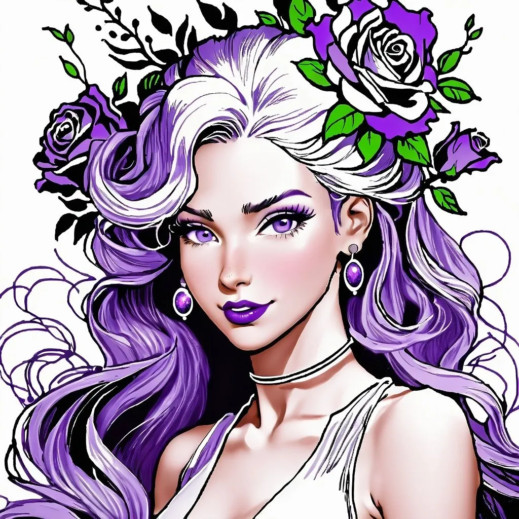 Prompt: Cosmic Epic Beauty, Beautiful and Gorgeous, purple roses in hair